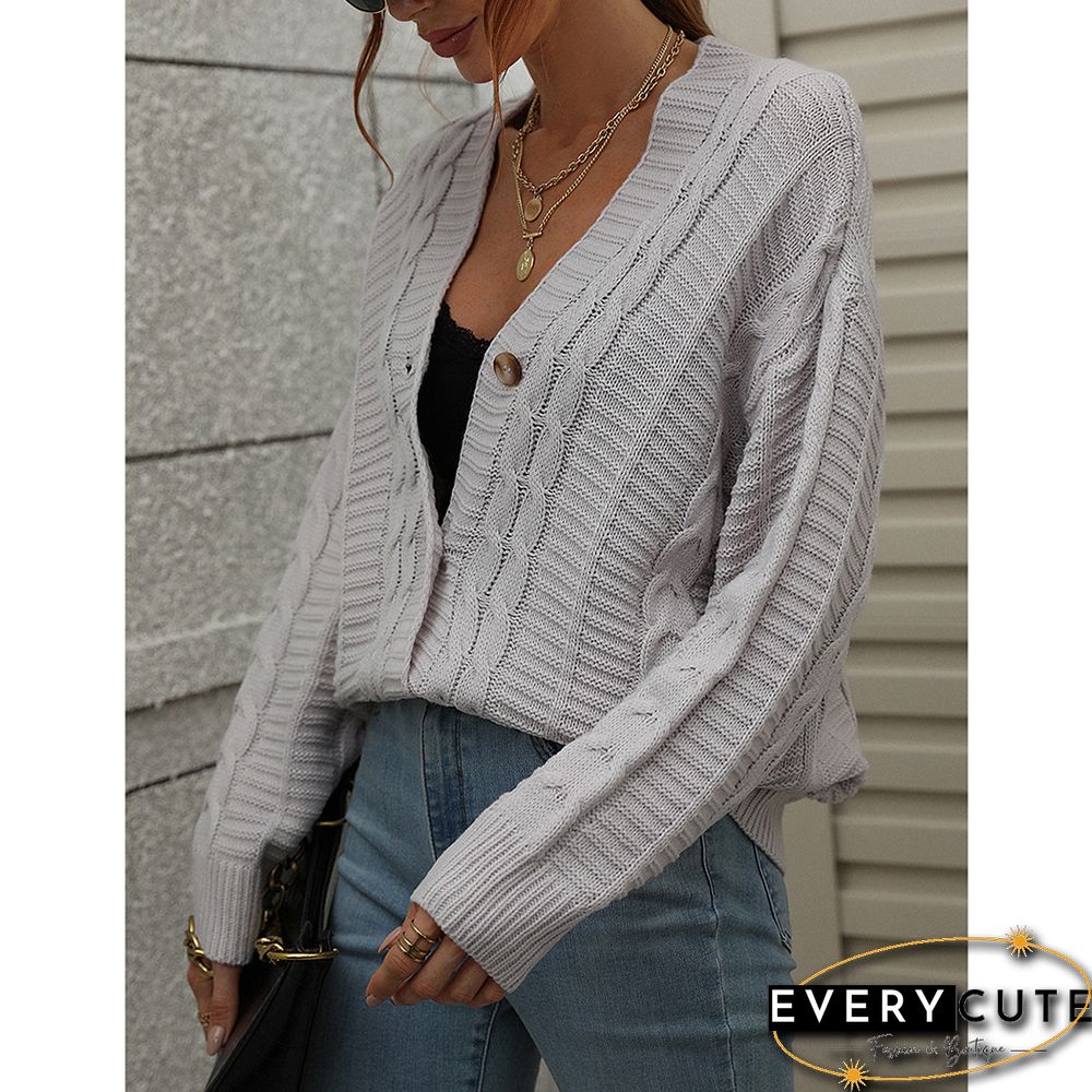 Light Gray Button Loose Cable Knitted Cardigan