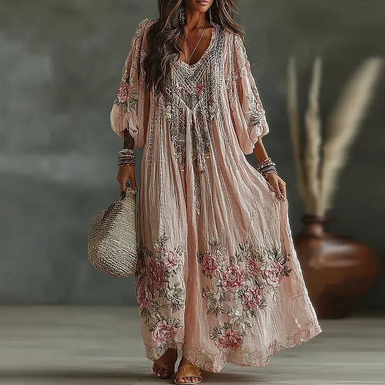 Women's Vintage Floral Art Flowy Linen Blend Casual Long Sleeve Maxi Dress