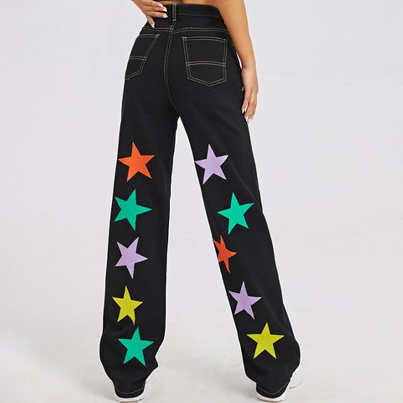 Minnieskull Fashion Color Stars Printed Women's Casual Wide Leg Jeans - Minnieskull