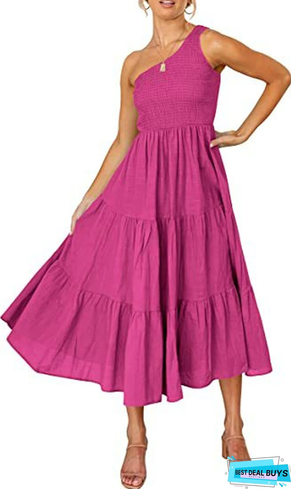 Solid Print Bohemian One Shoulder Sleeveless Dress