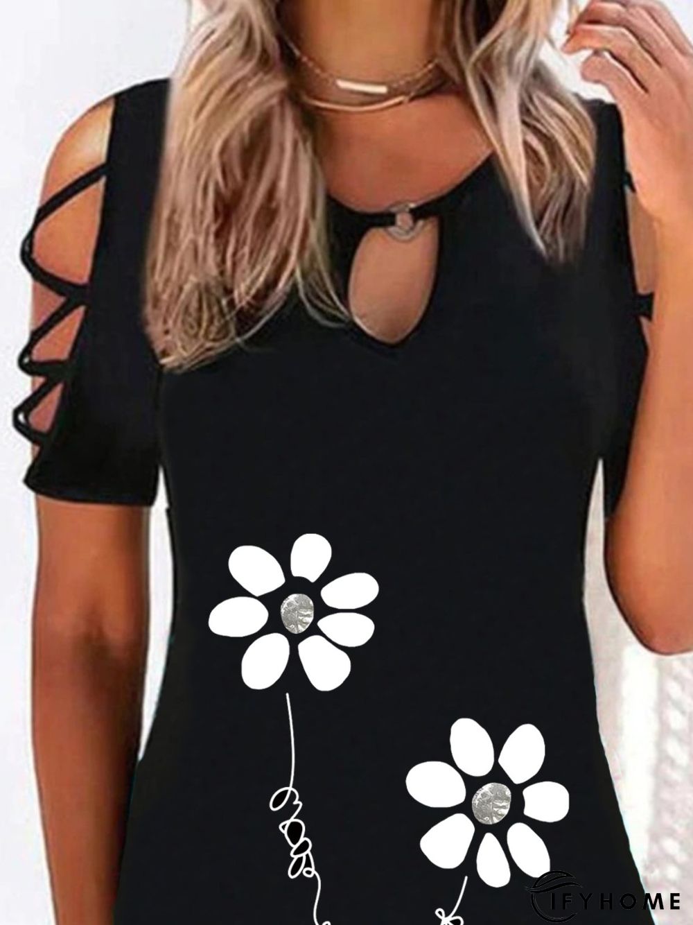 Casual Floral Short Sleeve Round Neck Plus Size Printed Tops T-shirts | IFYHOME