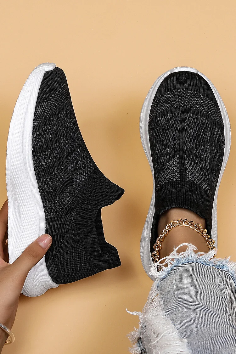 Round Toe Knitted Breathable Lightweight Slip On Wedge Sneakers
