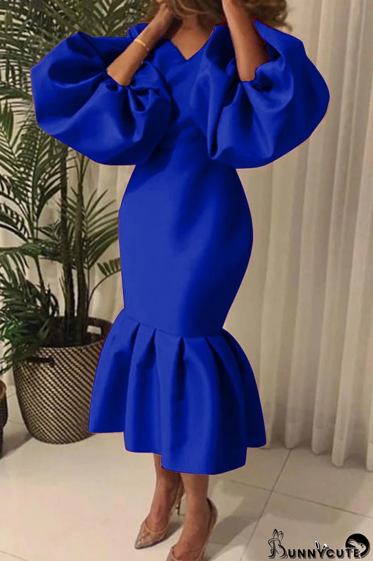 Blue Fashion Sexy Solid Basic V Neck Evening Dress