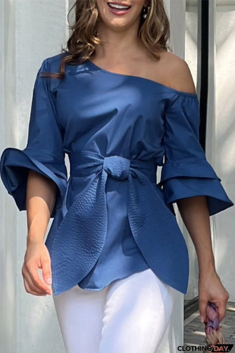 Casual Street Solid Bandage Oblique Collar Tops