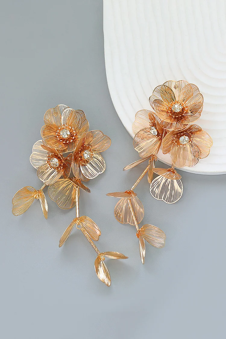 Alloy Rhinestone Hollow Out Floral Decor Dangle Earrings