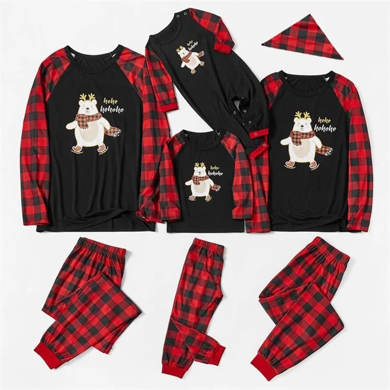 Family Matching Cute Bear Print Christmas Buffalo Plaid Pajamas Sets (with Pet Dog Clothes)