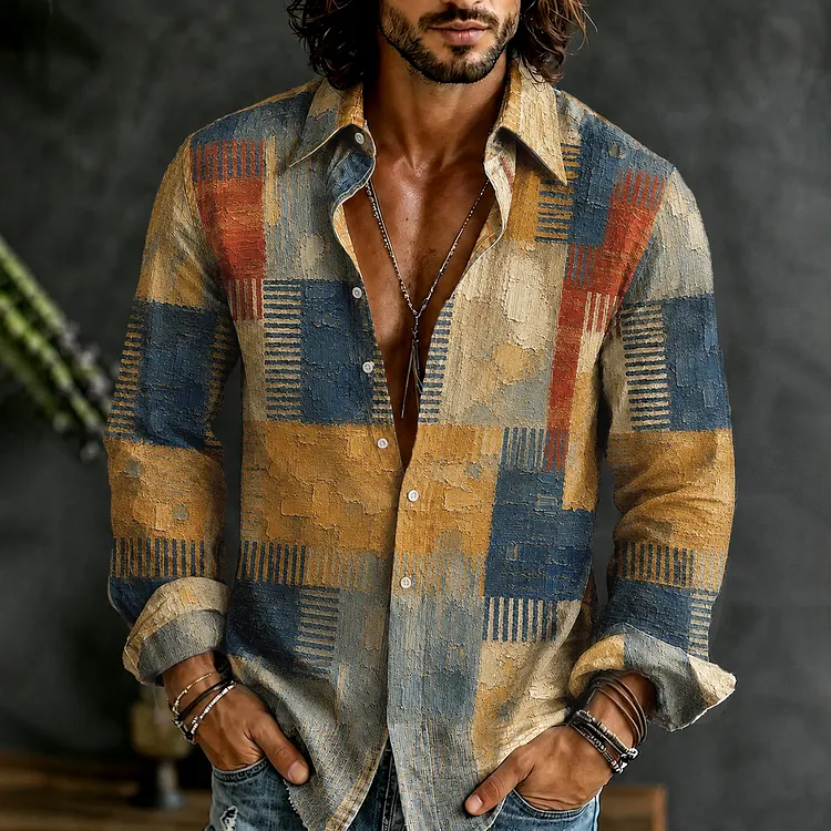 Men's Retro Oil Painting Geometry Art Print Linen Blend Long-sleeve Shirt