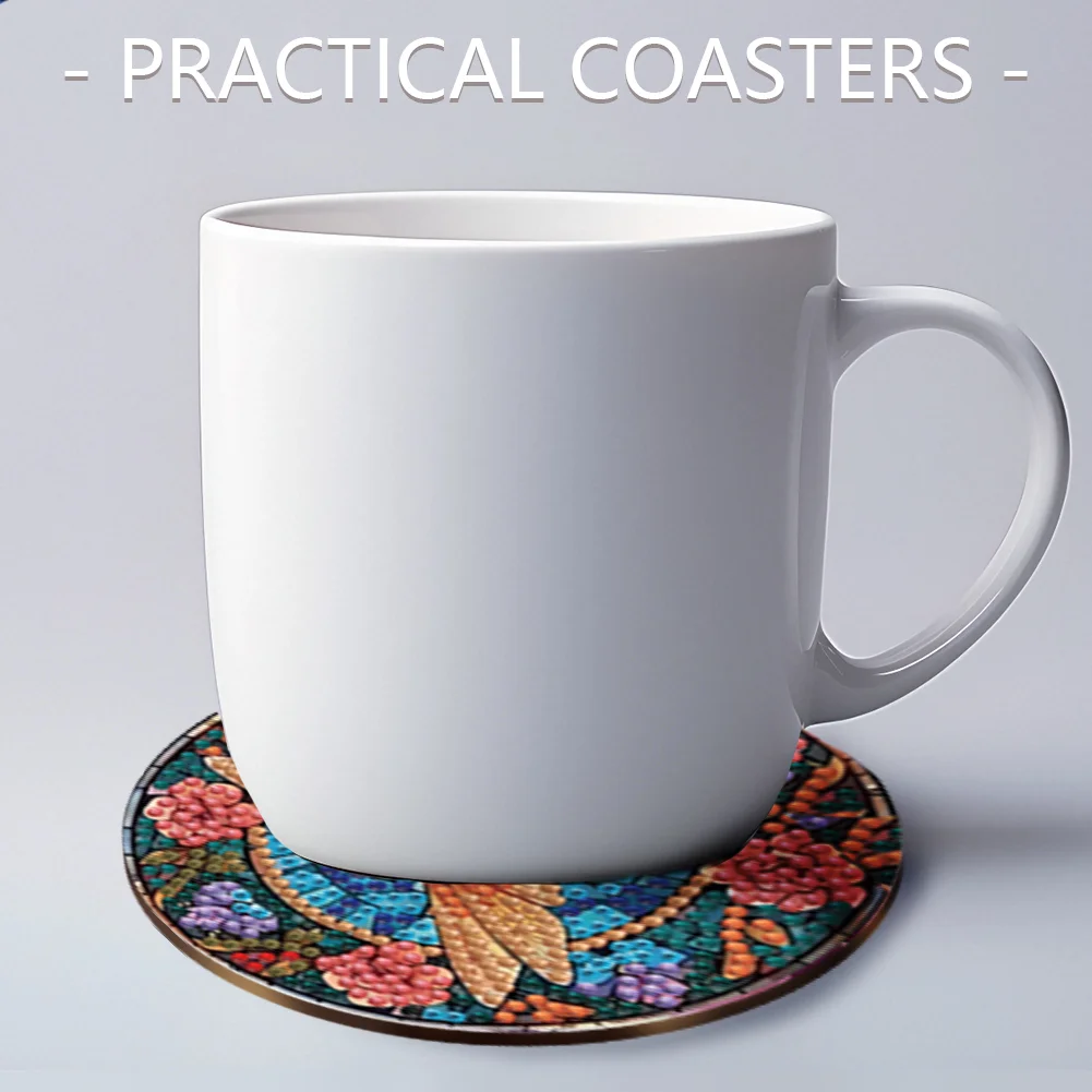 8pcs Dragonfly DIY Diamond Painting Coasters Kits with Holder Wooden Coaster