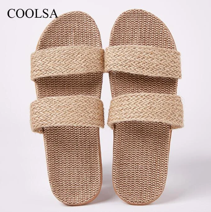 COOLSA Women's Quality Striped Linen Slippers Couple Indoor Breathable Lightweight Flax Slides Cross Health Flip Flops