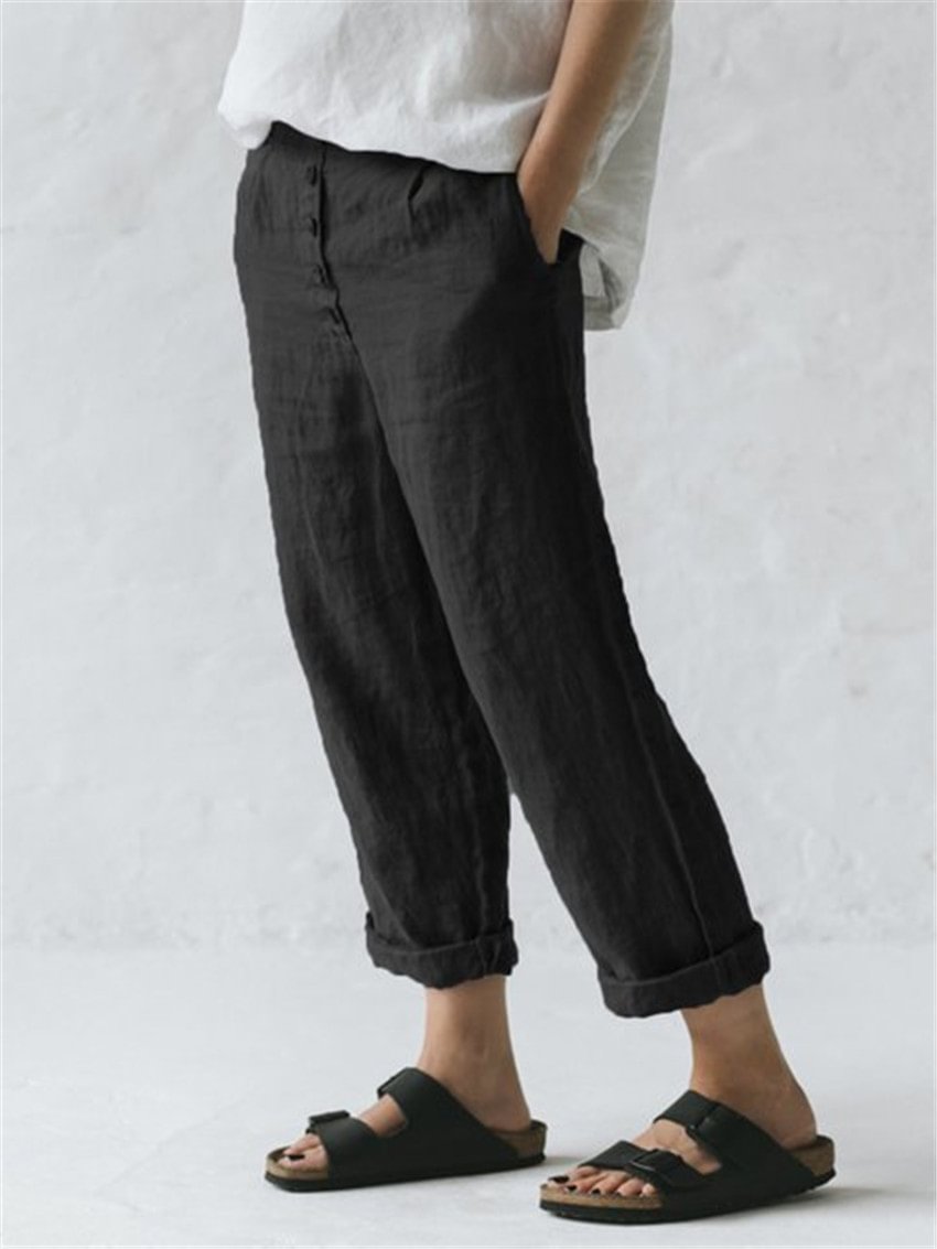 Summer Women's Linen Pocket Button Casual Plus Size Pants