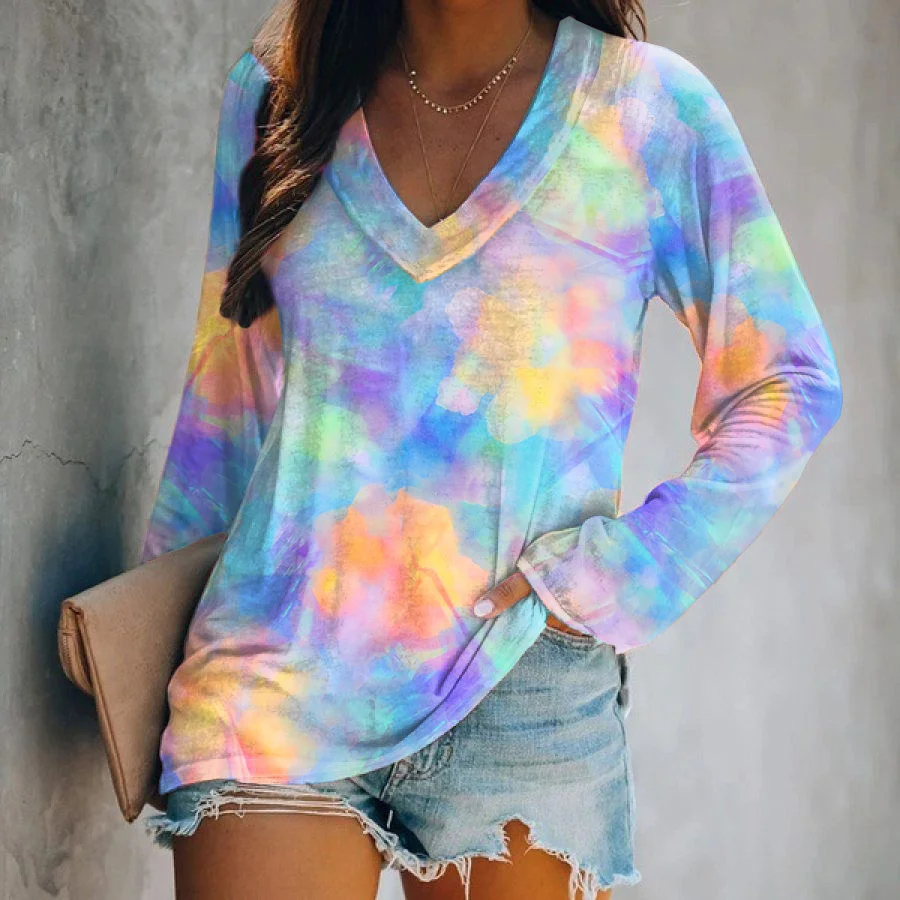 Casual Colorful Tie-Dye V-Neck Long Sleeves T-shirt