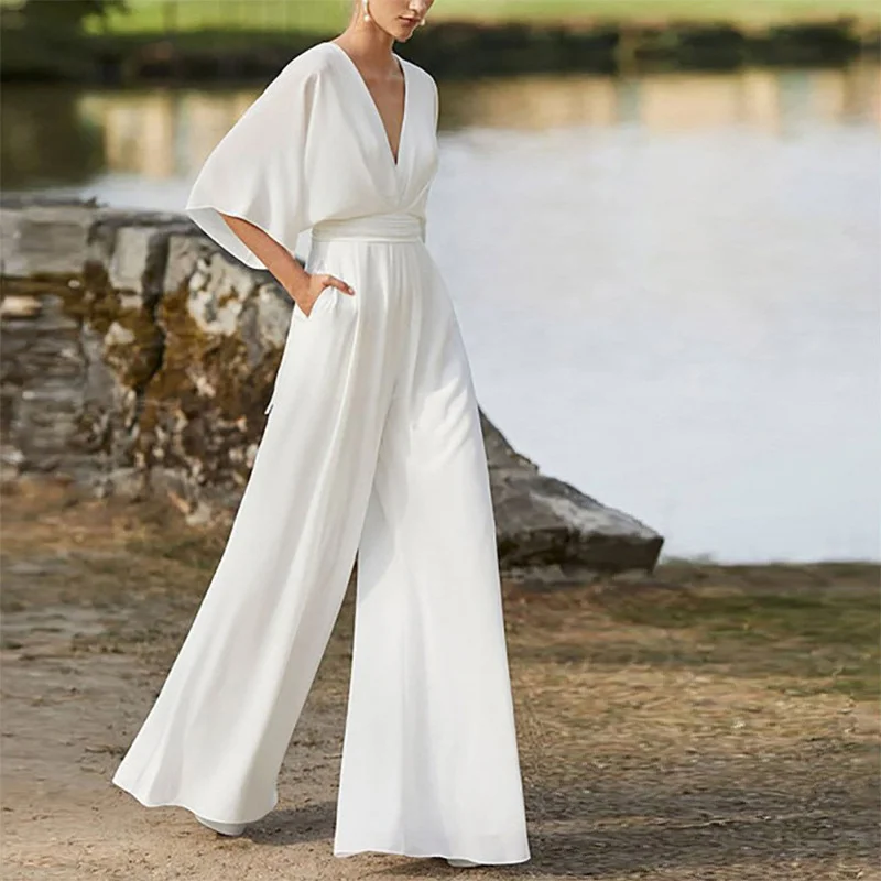 Deep V High Waist Wide Leg Pants
