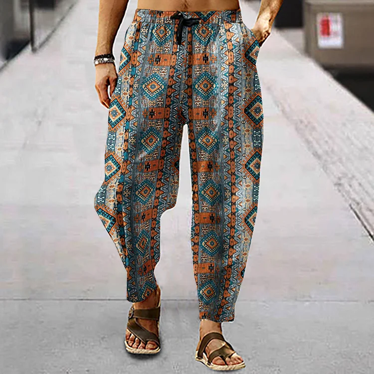 Men's Linen Western Ethnic Irregular Print Loose Casual Pencil Pants 9508