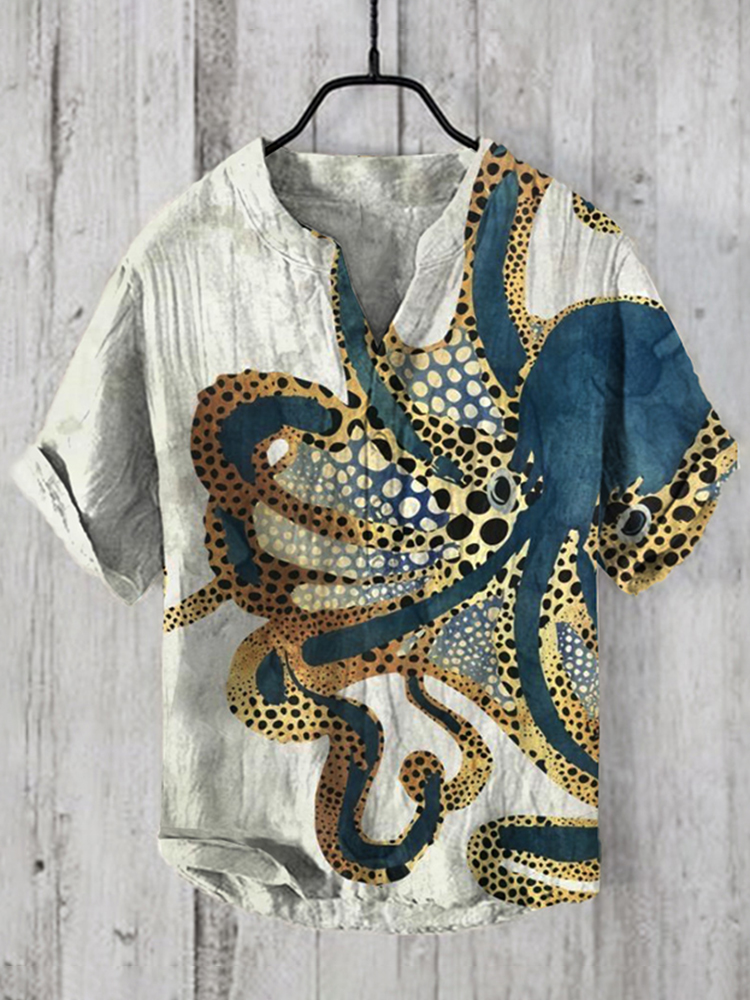 Comstylish Japanese Art Octopus V Neck Casual Linen Blend Shirt