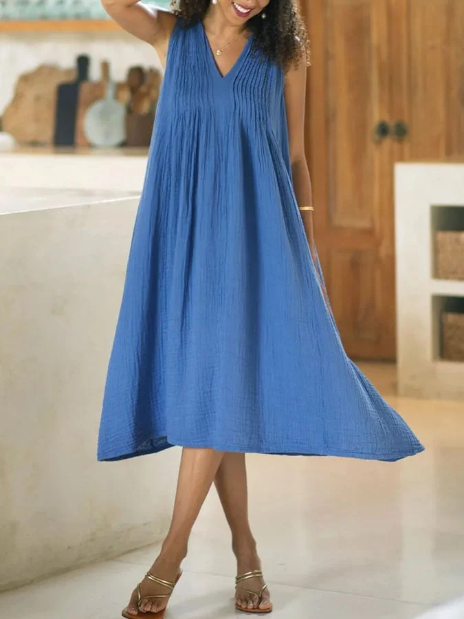 Women'S Casual Solid Color V-Neck Sleeveless Cotton and Linen Dress