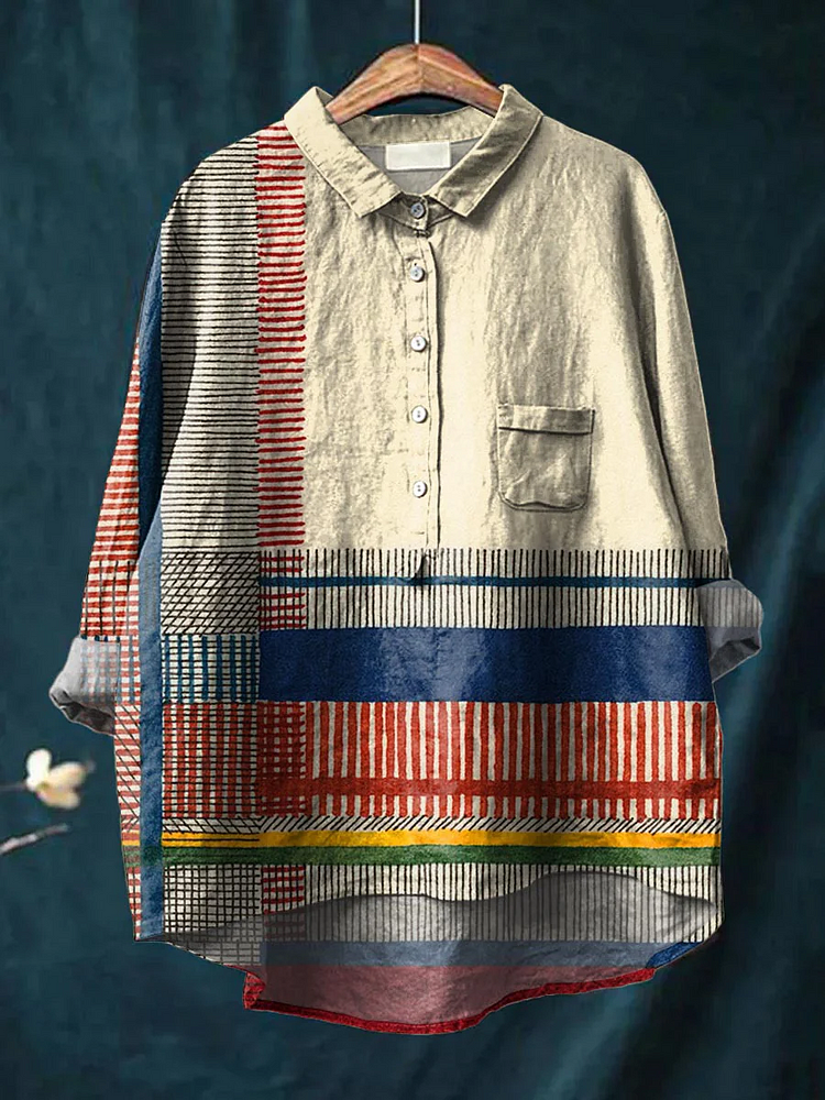 Womens Art Line Pattern Casual Cotton And Linen Shirt