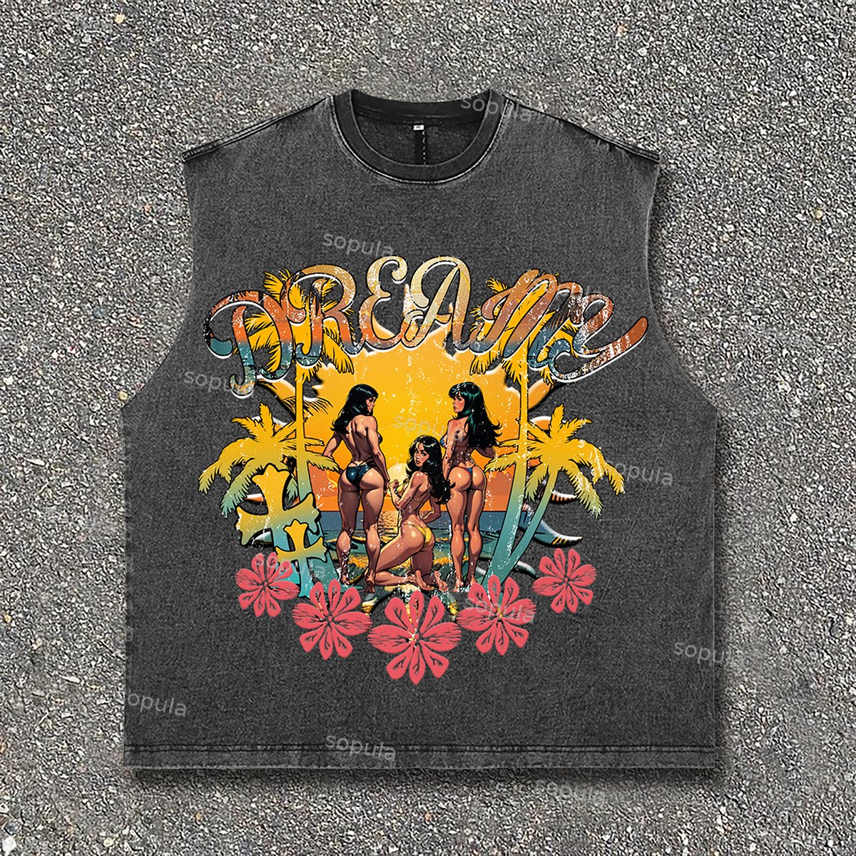 Sopula Vacation Style Beach Spice Girls Print Y2k Tide Acid Wash Sleeveless Tank Top - Sopula ｜Premium Graphic Tees & Graphic Streetwear