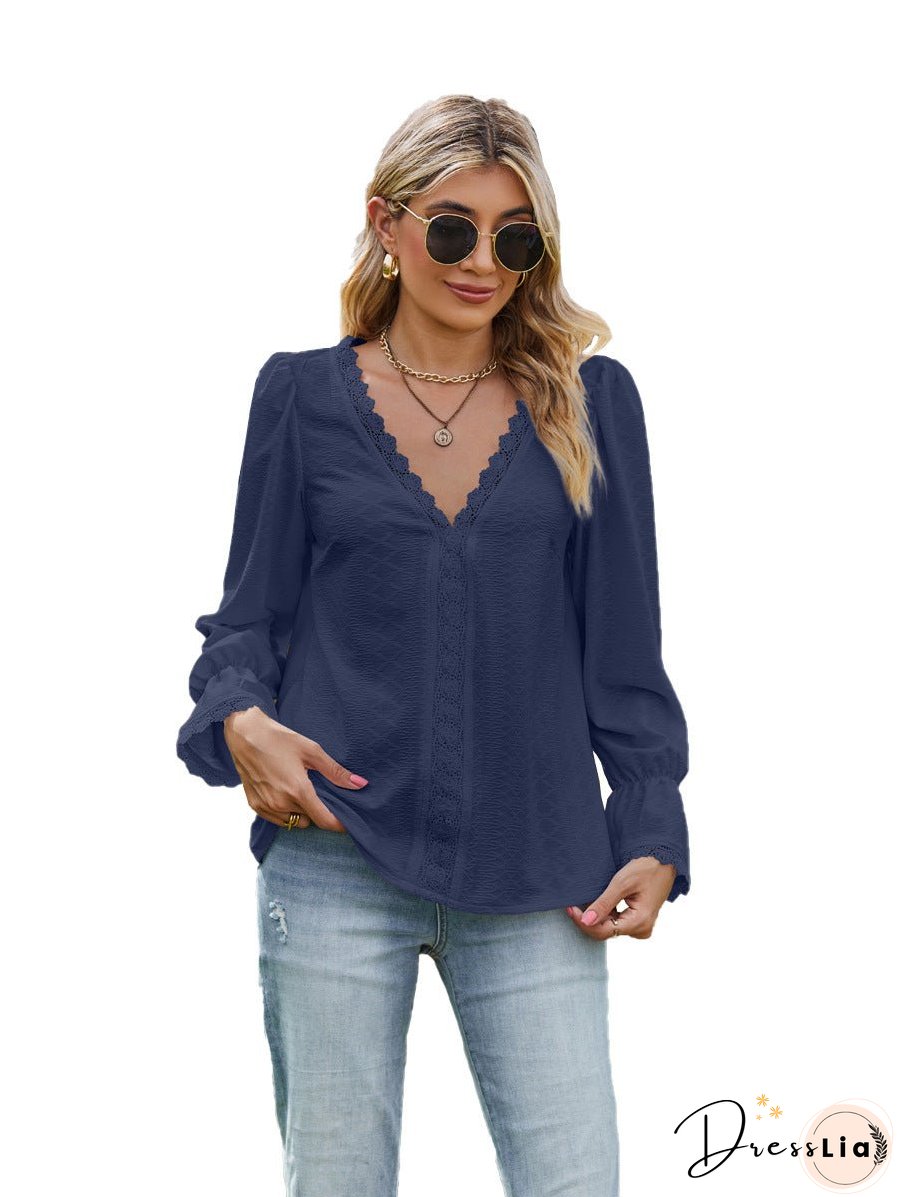 Women's Solid Color Pullover Stitching Lace Long-sleeved Blouses
