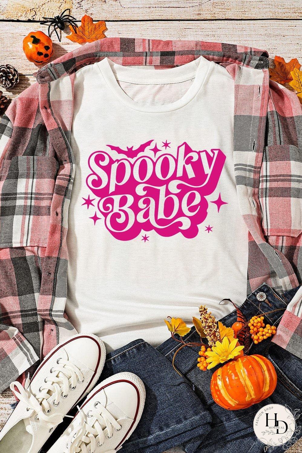 Spooky Babe Bat Print White Halloween Tee