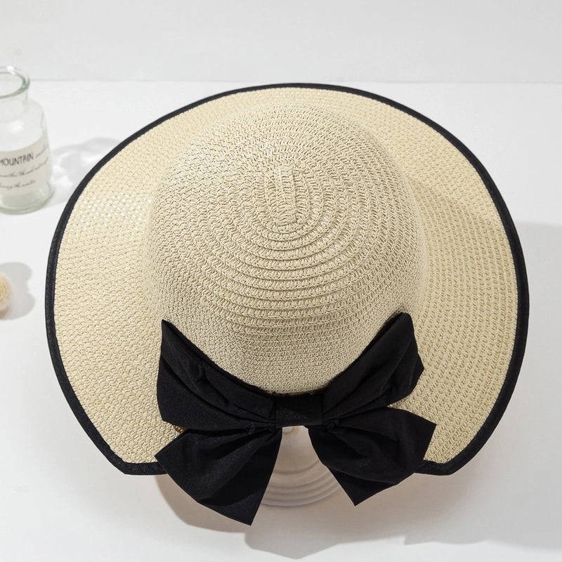 Women’s Casual Vacation Beach Color Block Bowknot Big Eaves Straw Hat