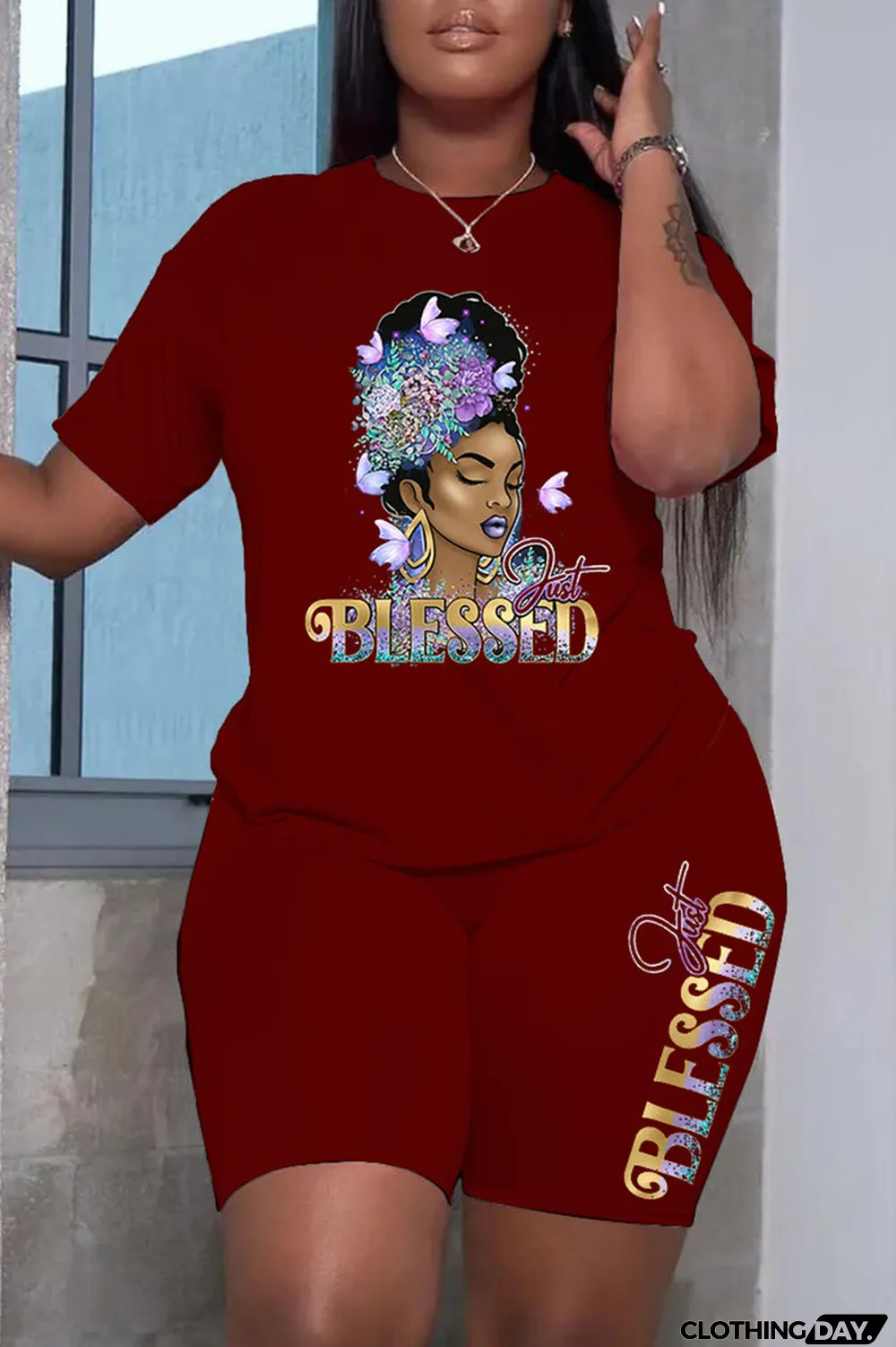 Burgundy Fashion Casual Print Patchwork O Neck Short Sleeve Plus Size Two Pieces