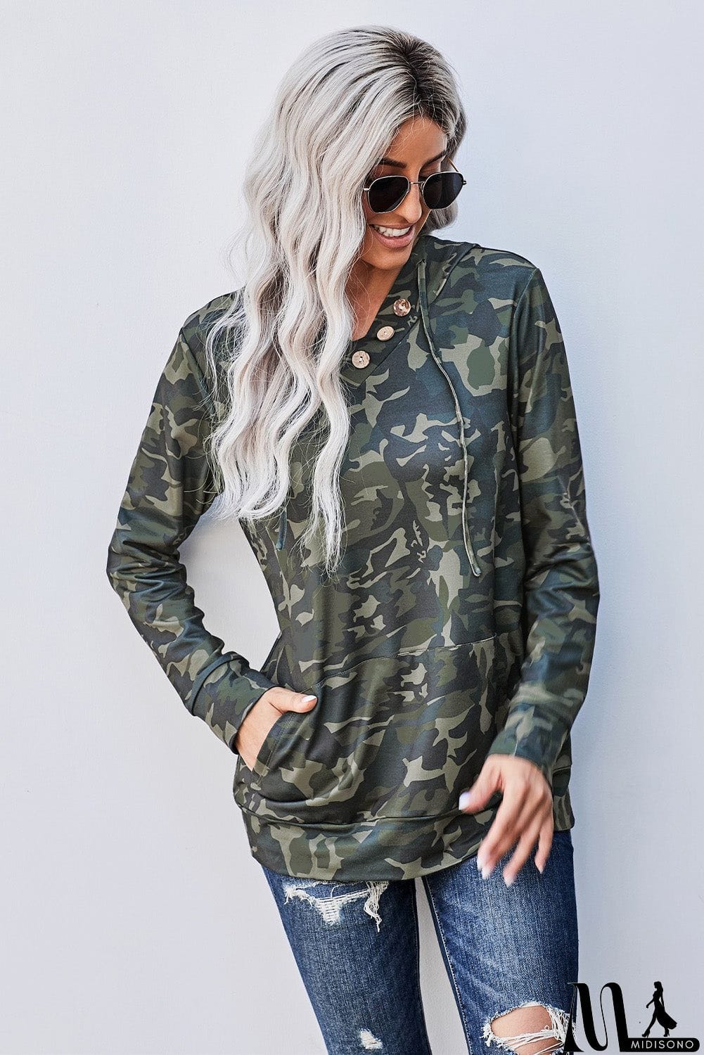 MidiSono - Green Camo Print Kangaroo Pocket Hoodie