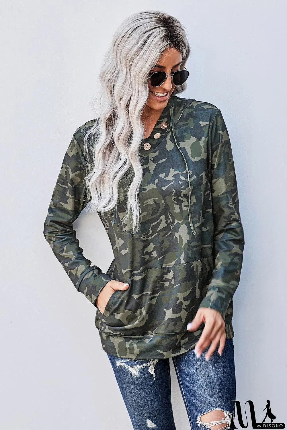 MidiSono - Green Camo Print Kangaroo Pocket Hoodie