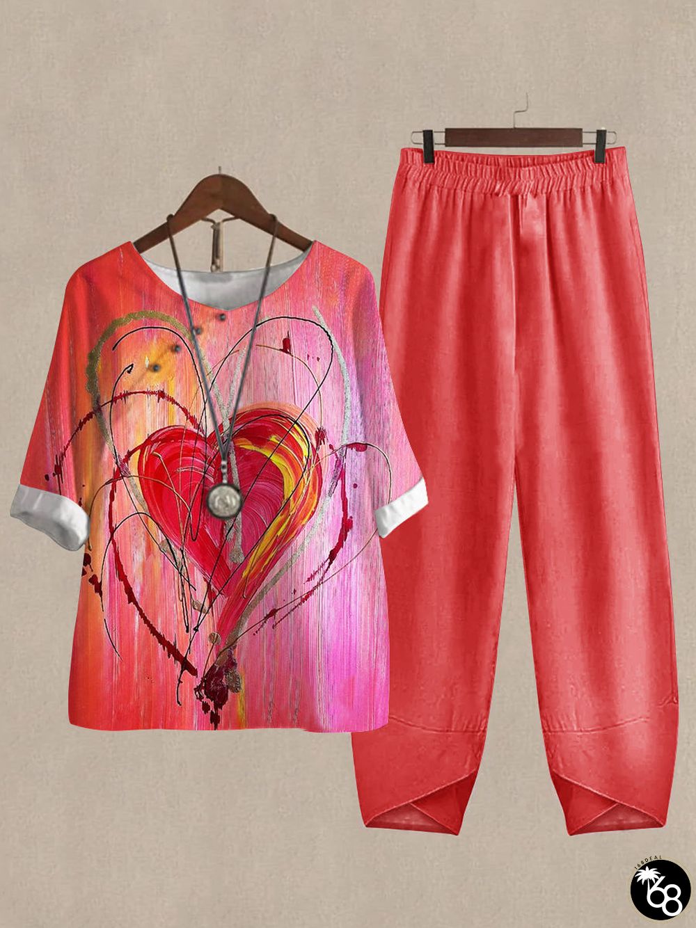 Linen Casual Women's Heart Print Two Pieces Set | 168DEAL