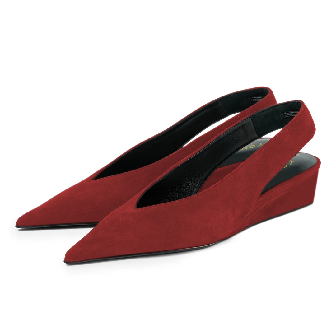 Dark Red Pointed Toe Slingback Strappy Classy Pumps with Wedge Heel