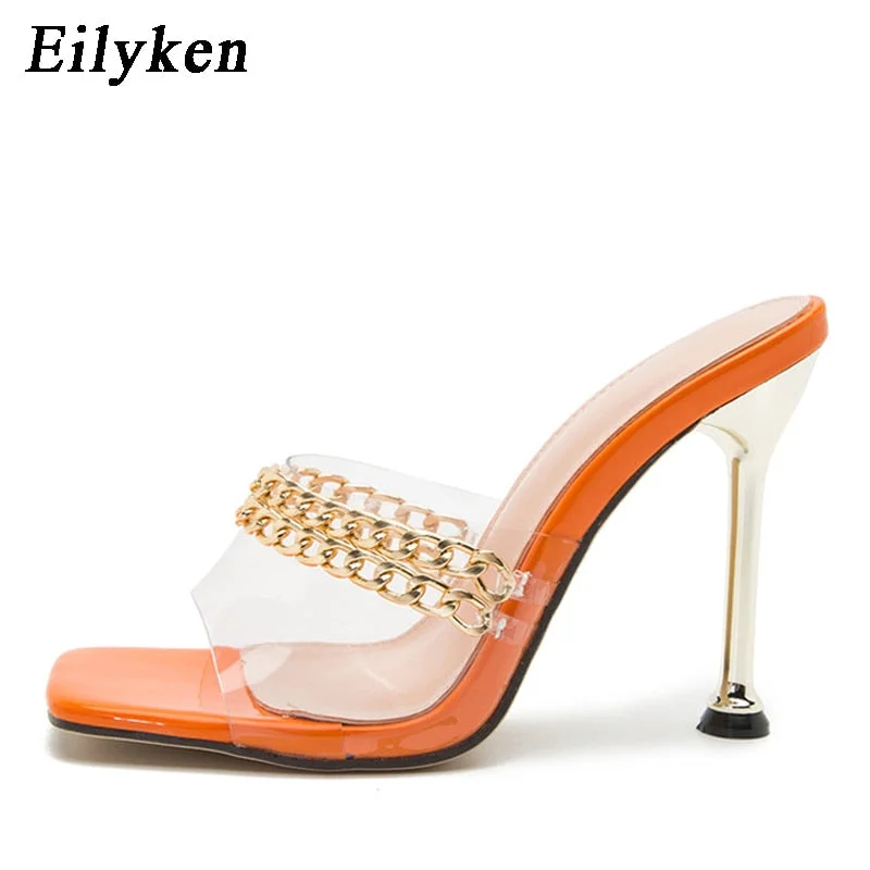 EilyKen New Summer Pumps Fashion Chain Slippers Sandals Shoes Women Thin High Heels Slip On Square Toe Mules Slides Ladies Shoes
