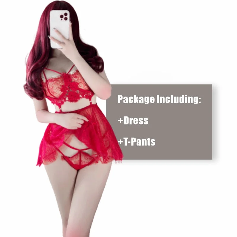 New Sexy Lingerie Female Sleepwear Winter Water Soluble Floating Flower Eyelash Lace Perspective Temptation Sling Nightgown