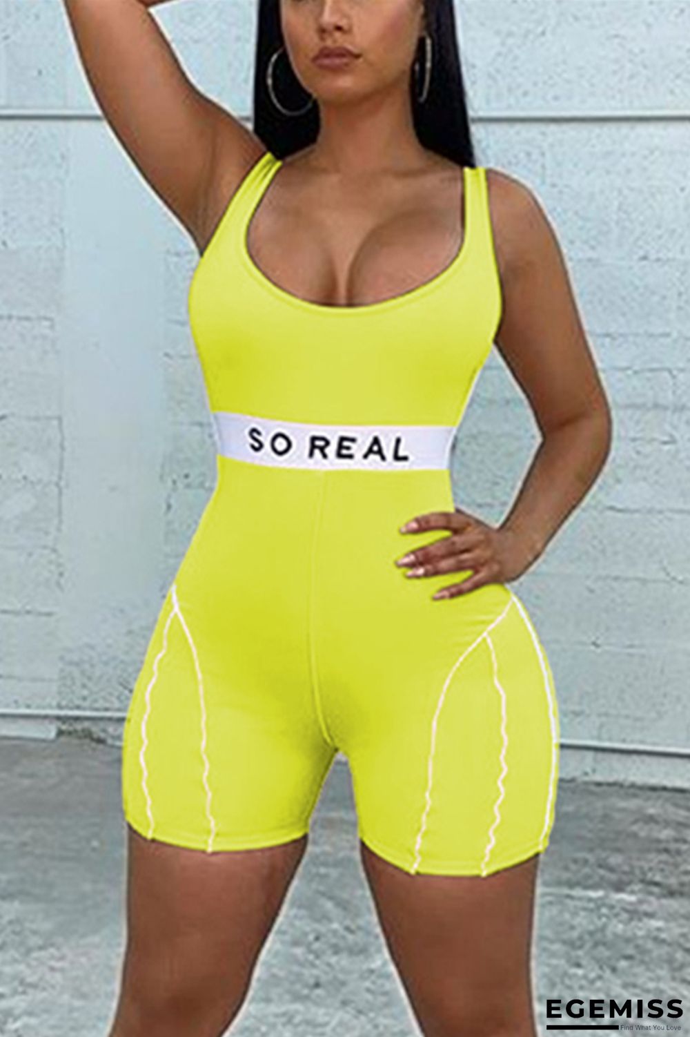 Yellow Fashion Letter Print Sleeveless Slim Romper | EGEMISS