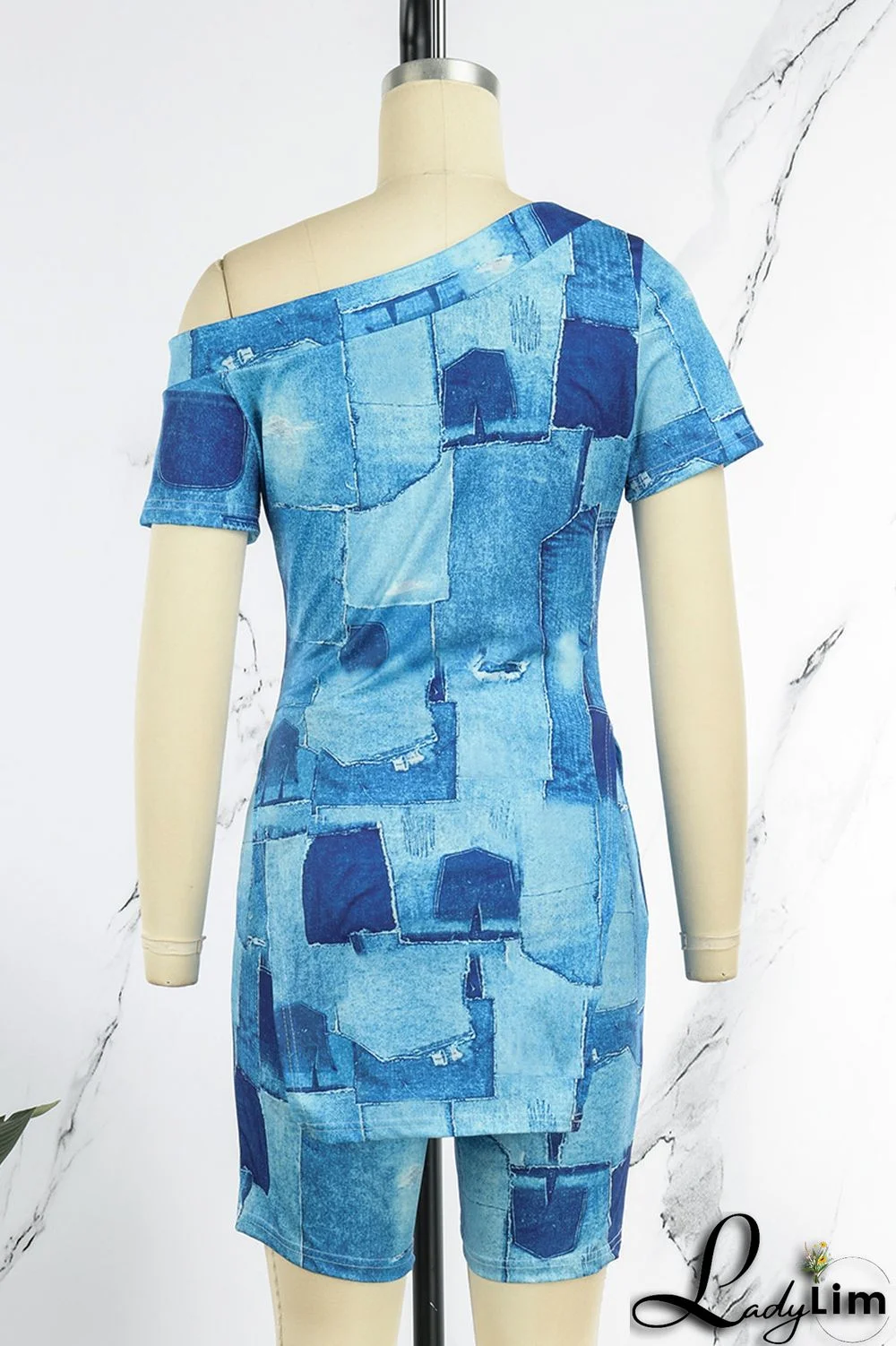 Black Casual Print Slit Oblique Collar Short Sleeve Two Pieces