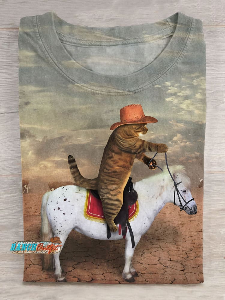 Unisex Funny Cat Ride Horse Cowboy Art Print Casual T-Shirt Multicolor / S