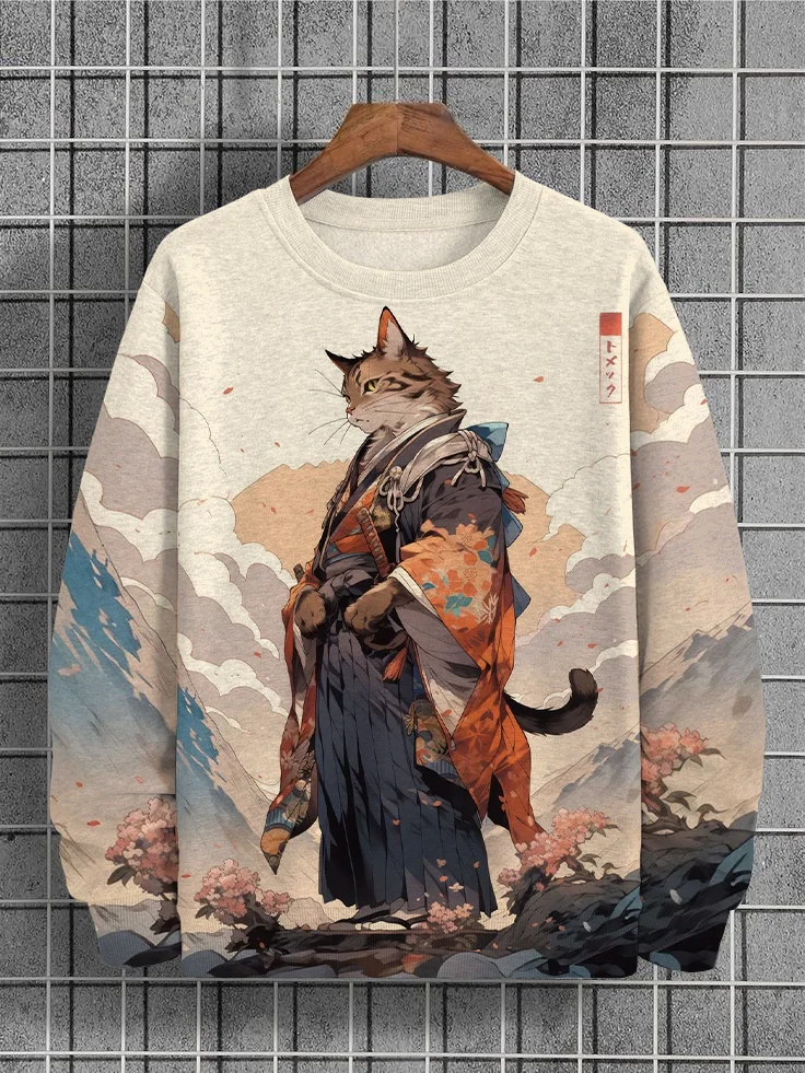 Men's Edo Cat Samurai Warrior Japanese Art Print Casual Sweatshirt