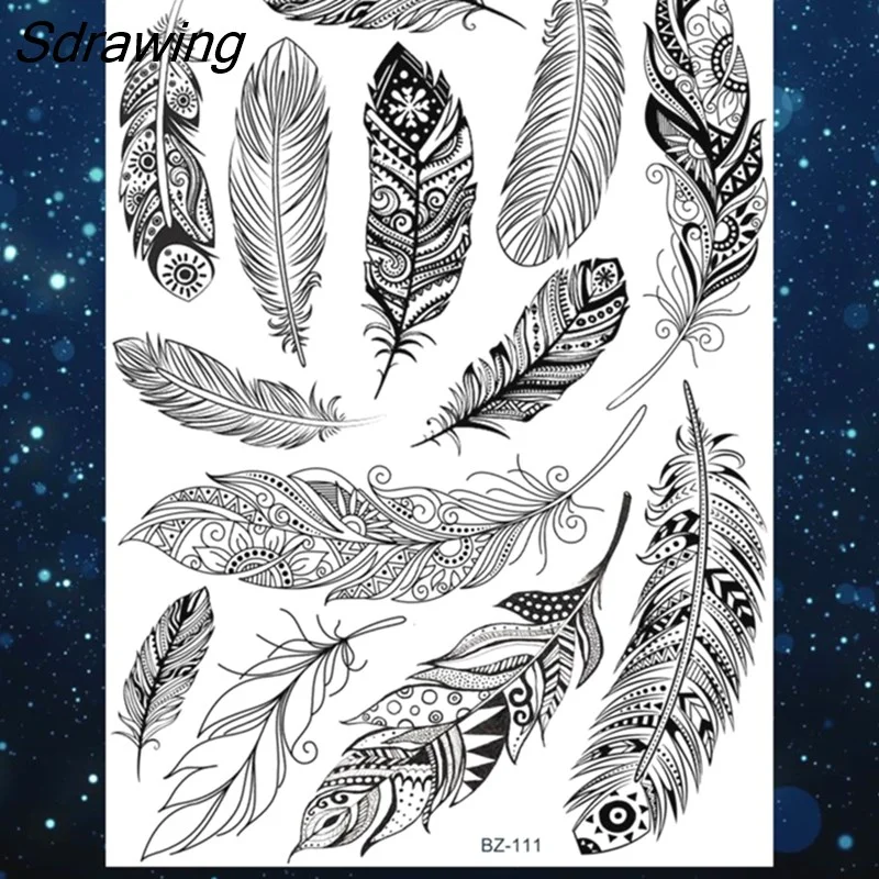 Sdrawing Henna Temporary Tattoos For Women Girls Feather Butterfly DreamCatcher Fake Gem Tattoo Sticker Chest Arm Tatoos Tribal 328-1