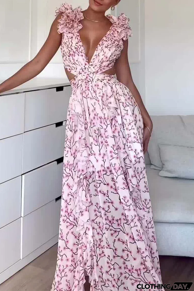 Sweet Elegant Flowers Stringy Selvedge V Neck A Line Dresses