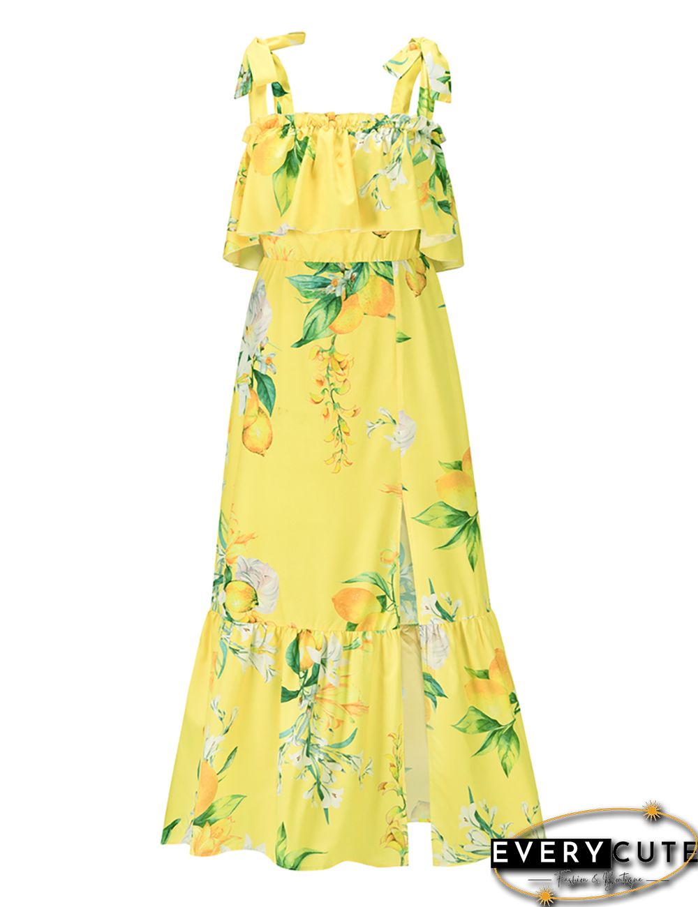Yellow Floral Print Ruffled Split Maxi Dress