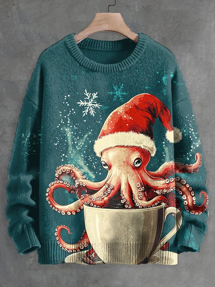 Men's Christmas Octopus Drinking Coffee Snowflakes Art Print Knit Sweatshirt