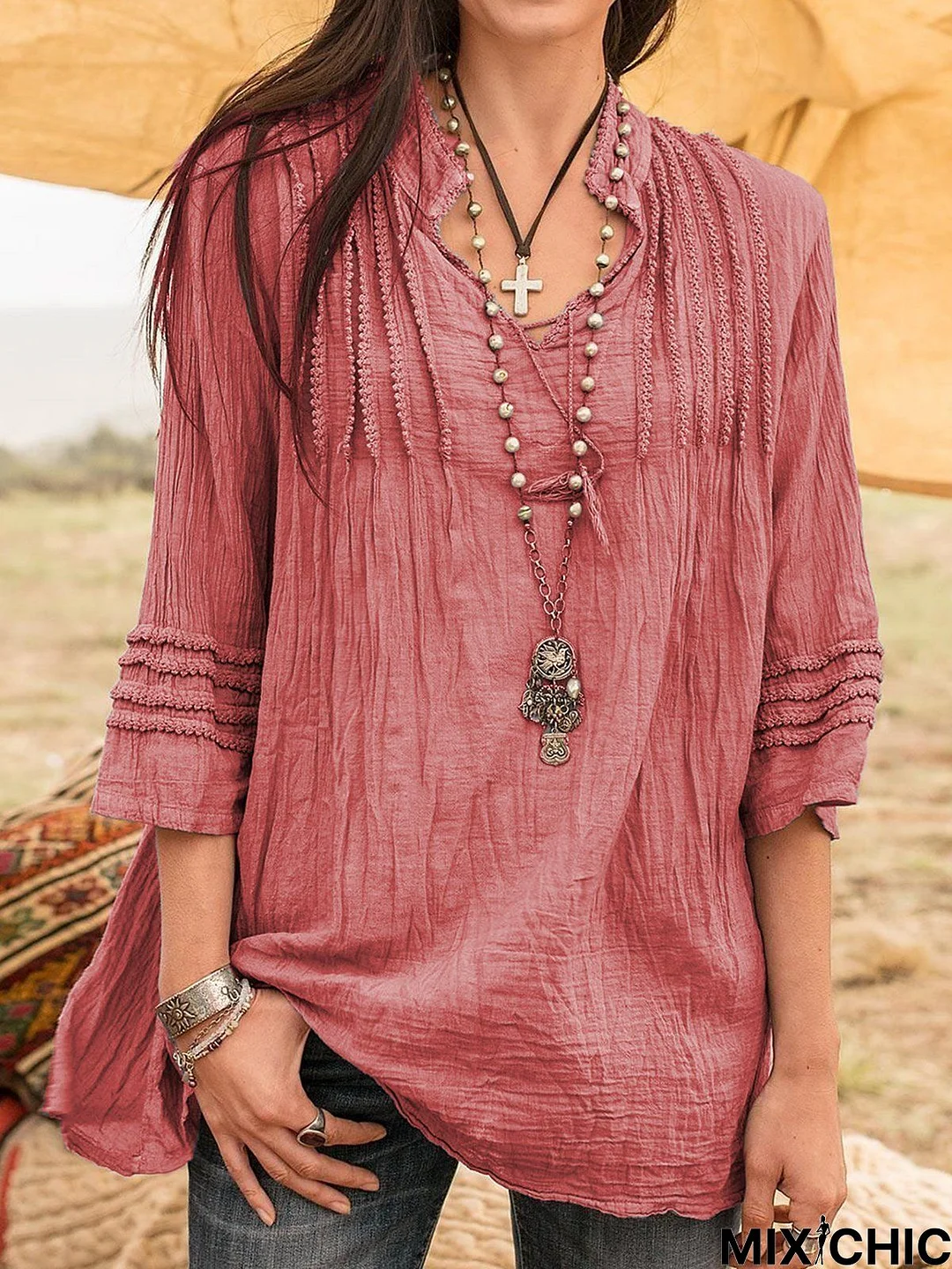 Boho Guipure Lace Shirts & Tops Linen