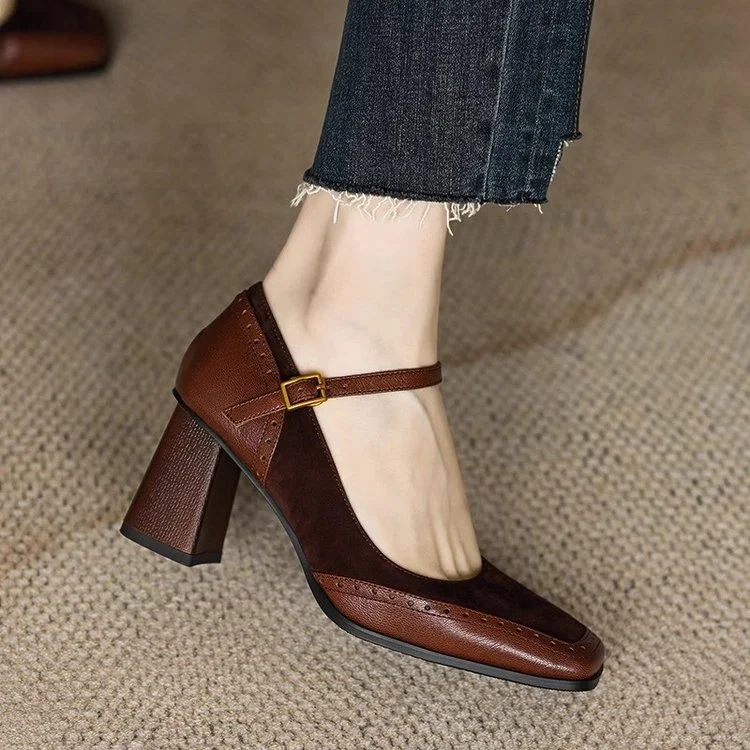 Yyvonne Women In The Autumn Of 2025 New Splicing Rough And One-Character Buckle With French Head High-Heere Retro Mary Jane Shoes