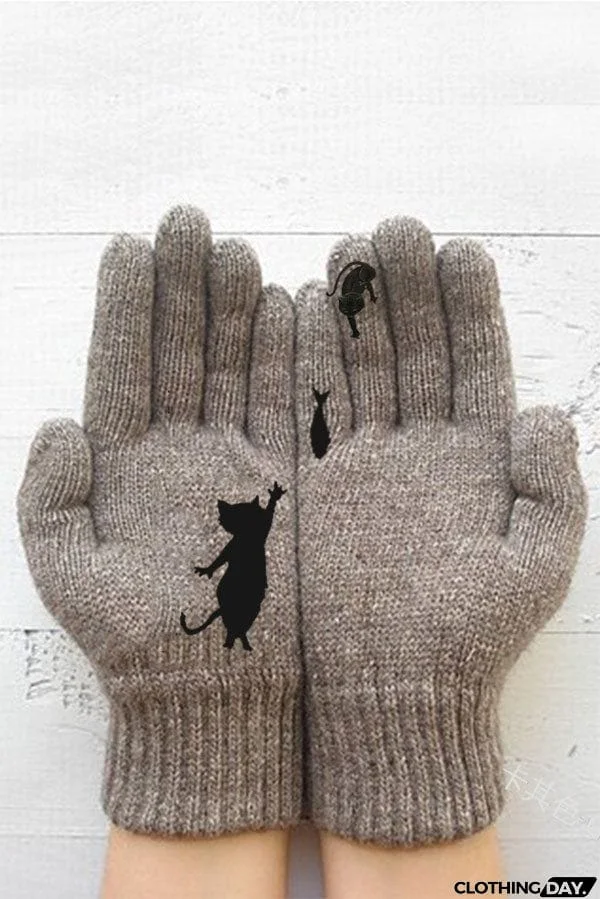 Printed Knitted Gloves Short Thickened Warm Finger Gloves-Cat