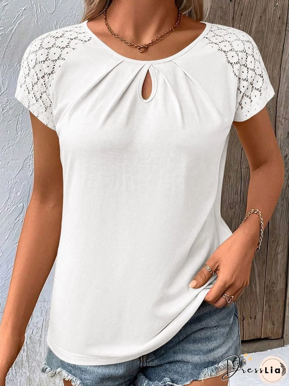 Elegant White Lace Sleeve Keyhole Detail Top