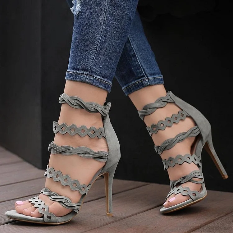 Grey Suede Hollow out Strappy Sandals Stiletto Heel Sandals Sexy Shoes |FSJ Shoes