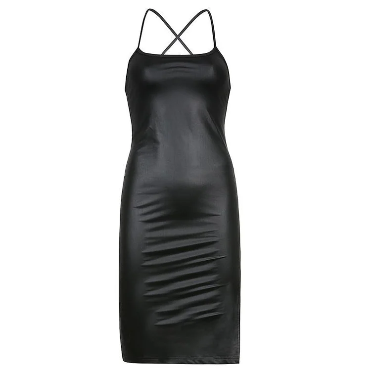 Promsstyle PU leather black  halter strap solid color split midi evening dress Prom Dress 2023
