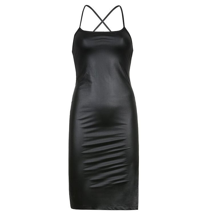 Promsstyle PU leather black sexy halter strap solid color split midi evening dress Prom Dress 2023