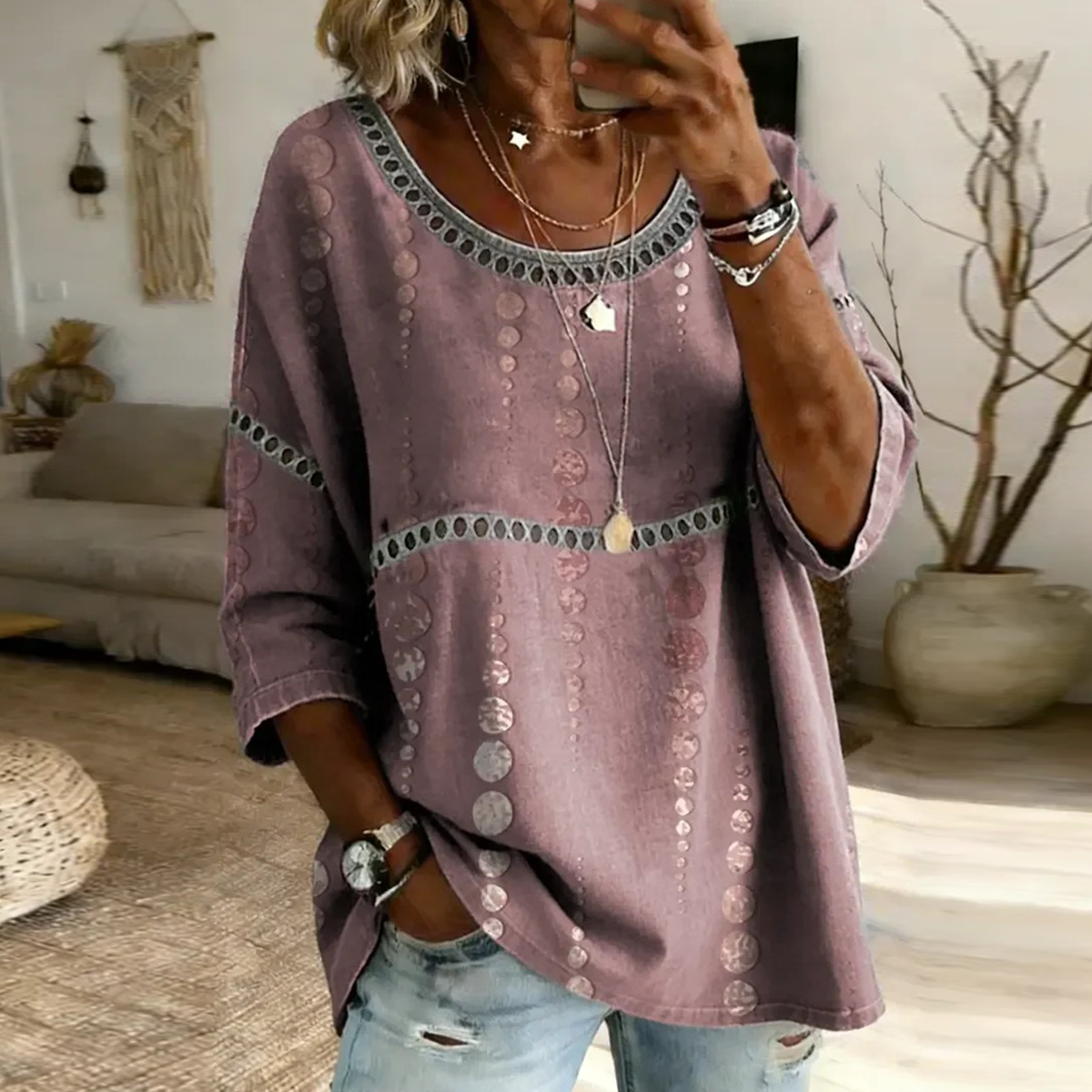 Comstylish Women's Polka Dot Art Print Long-sleeve Shirt