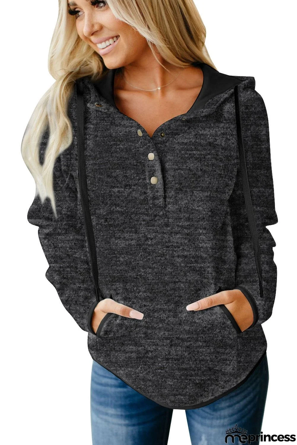 Buttoned Neck Hooded Sweatshirt