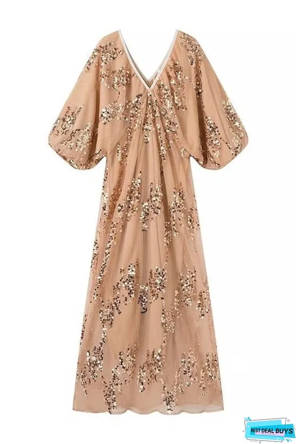 Batwing Sleeve Sequined Deep V Neck Long Dress