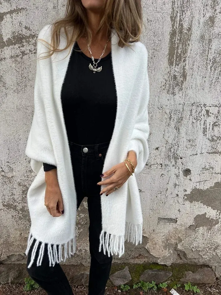 Women's Fringe Fuzzy Knit Open Front Cardigan